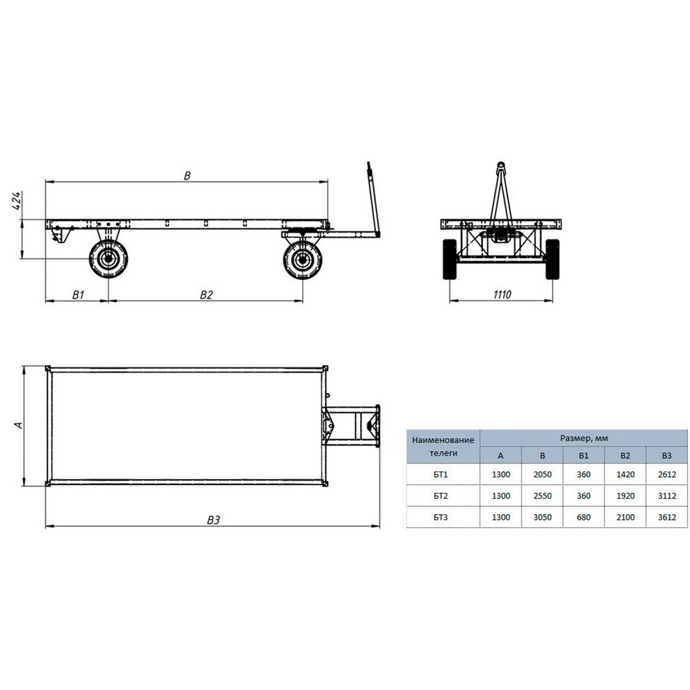 Большегрузная тележка БТ-Н (г/п 3 т, 3000x1250 мм, фанерный настил, без бортов)