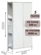 Стеллаж-шкаф СТ-600 с сплошными дверьми и сетчатой стенкой 3000х1000х600, 5 полок