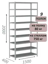 Стеллаж металлический полочный МС-750 2000х1500х400, 9 полок, светло-серый